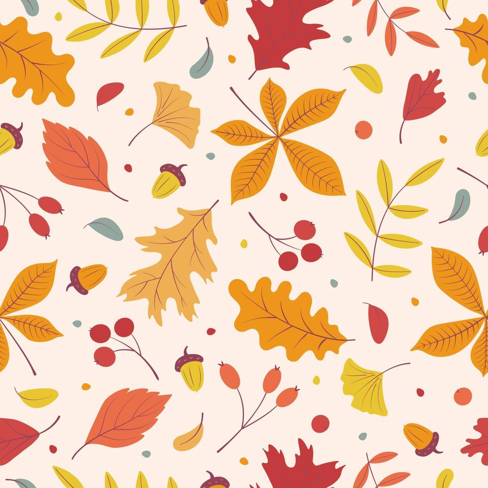 vector hermoso colorido otoño natural de patrones sin fisuras con hojas de otoño, bellotas, bayas. fondo de otoño estacional