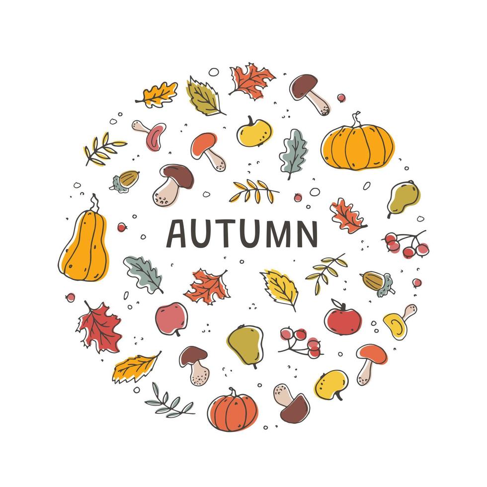 Autumn colorful set, handmade doodle elements - pumpkins, leaves, mushrooms and acorns. Cute flat vector illustration. Greeting card, greeting, banner.