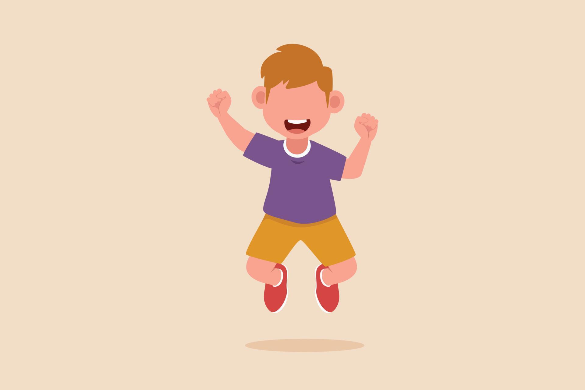 Happy little boy jump and fly. Cheer up pose concept. Flat vector