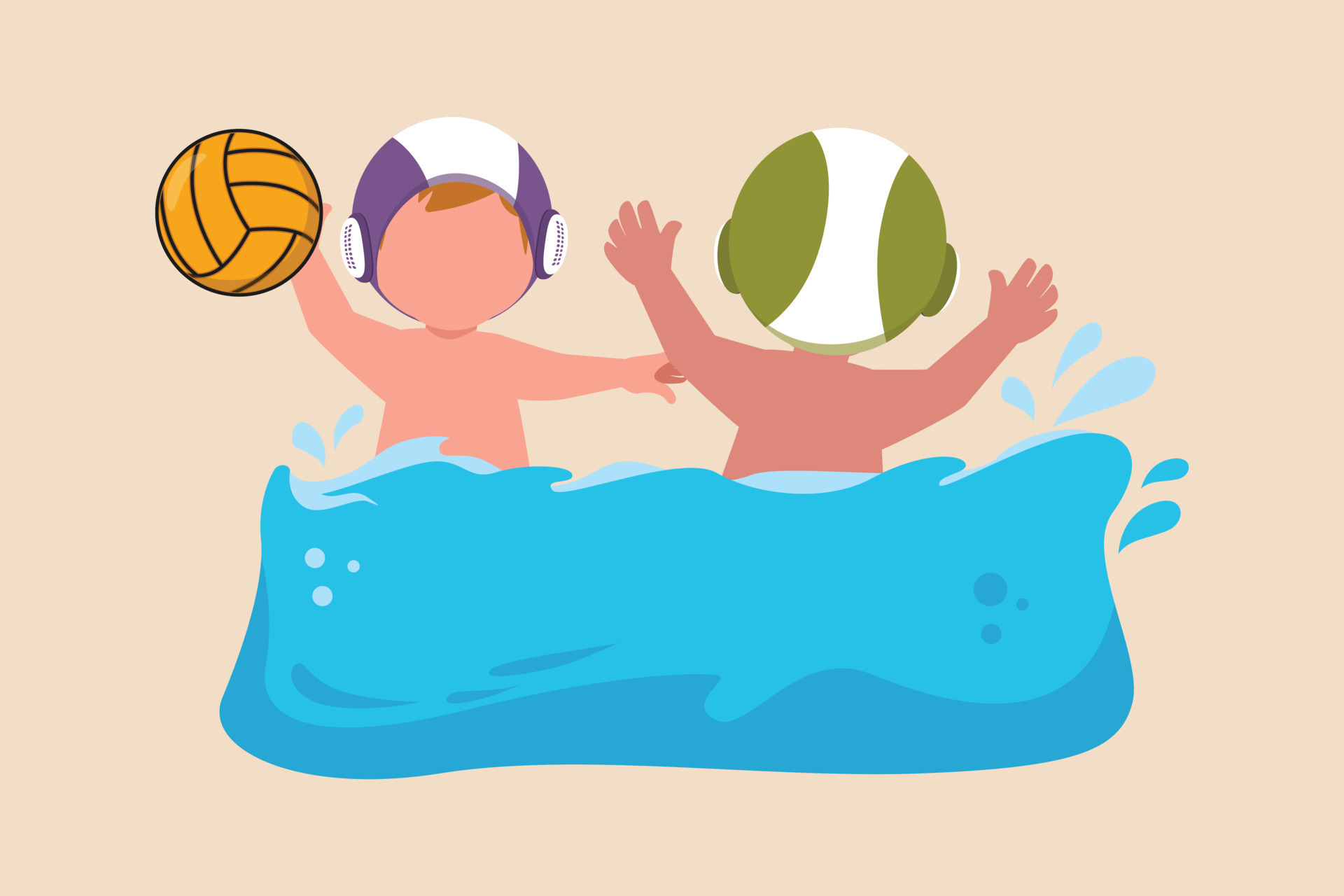 Two kids boy playing water polo ball while swimming. Water polo concept ...