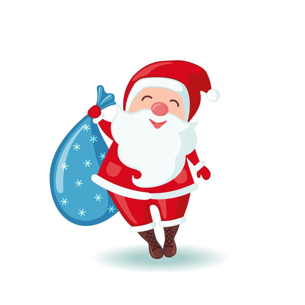 Cute Santa Claus holding a sack of gifts in flat style isolated on white background. Vector illustration