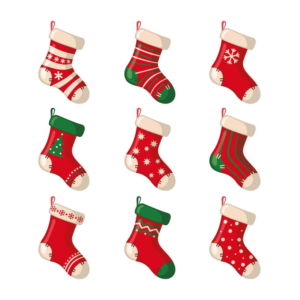Set of cute Christmas socks isolated on white background. Vector illustration.