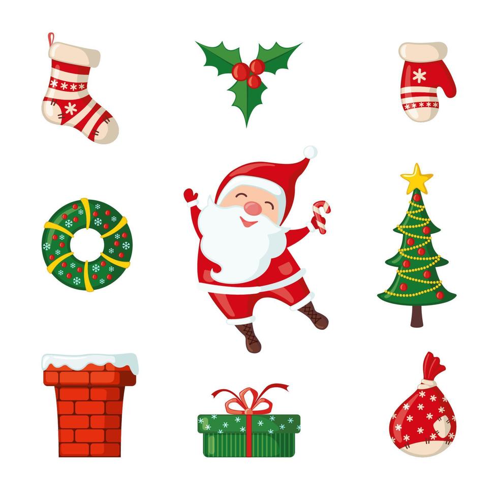 Christmas and New Year icons in flat style isolated on white background. Vector illustration. Traditional Christmas symbols.