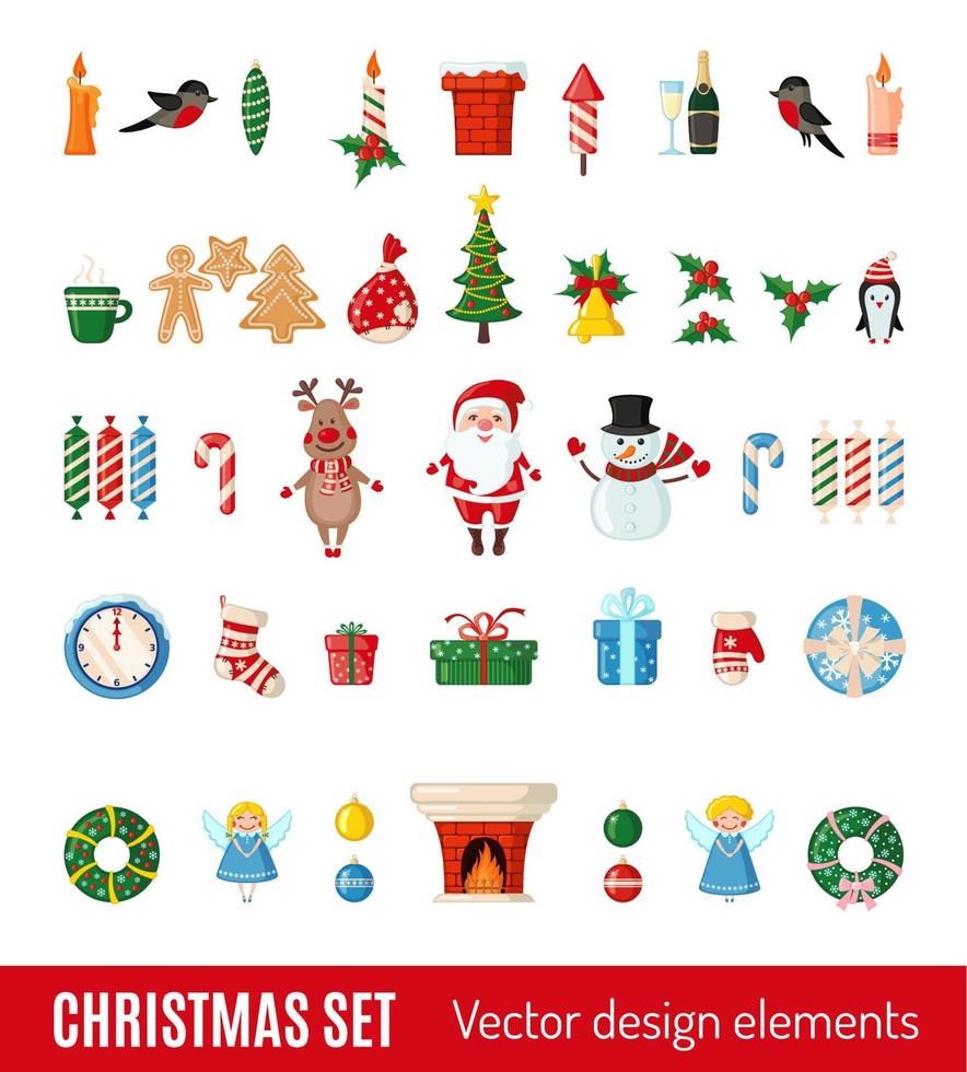 Big set of Christmas and New Year icons in flat style isolated on white background. Vector illustration. Traditional Christmas symbols.