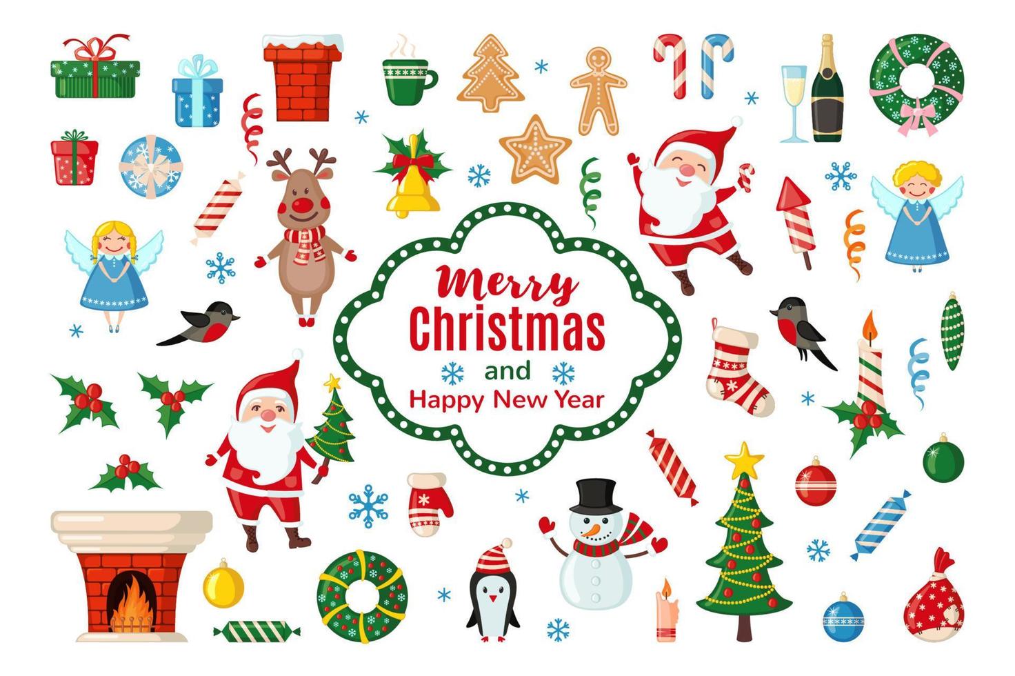 Big set of Christmas and New Year icons in flat style isolated on white background. Vector illustration. Traditional Christmas symbols.