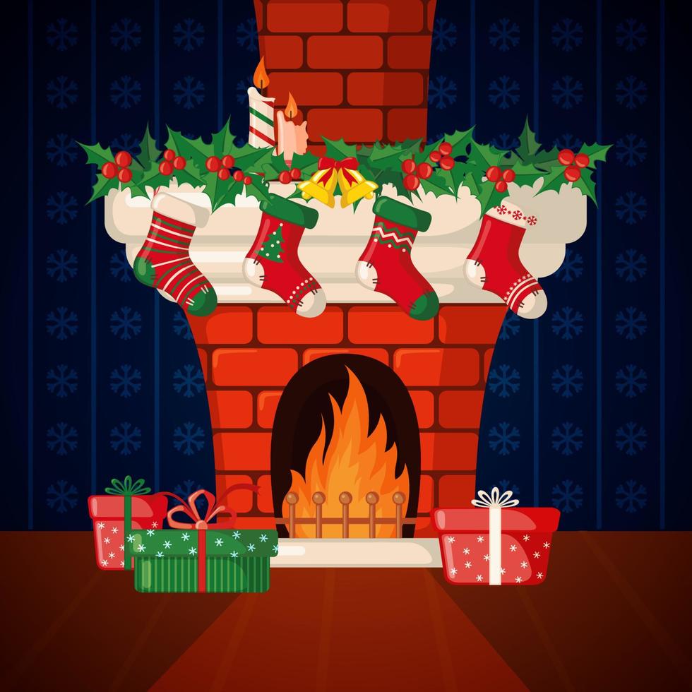 tarjeta de navidad con chimenea y calcetines de navidad en estilo plano. ilustración vectorial vector