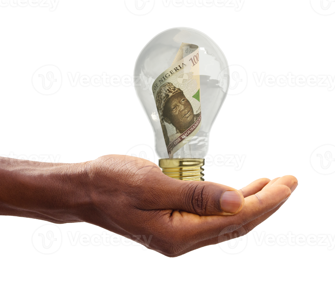 Black Hand holding 3d rendered Nigerian Naira note inside transparent light bulb, creative thinking. Making money by solving problem. Having idea concept png