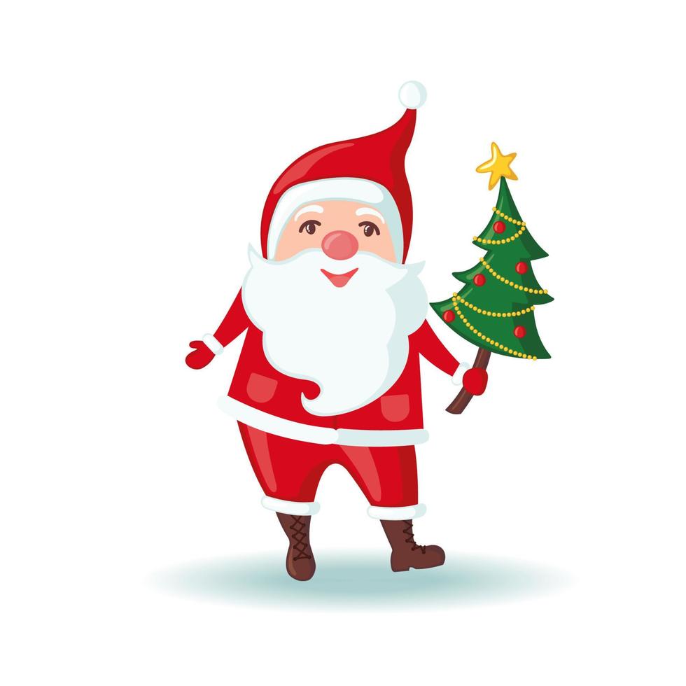 Cute Santa Claus holding a Christmas tree in flat style isolated on white background. Vector illustration