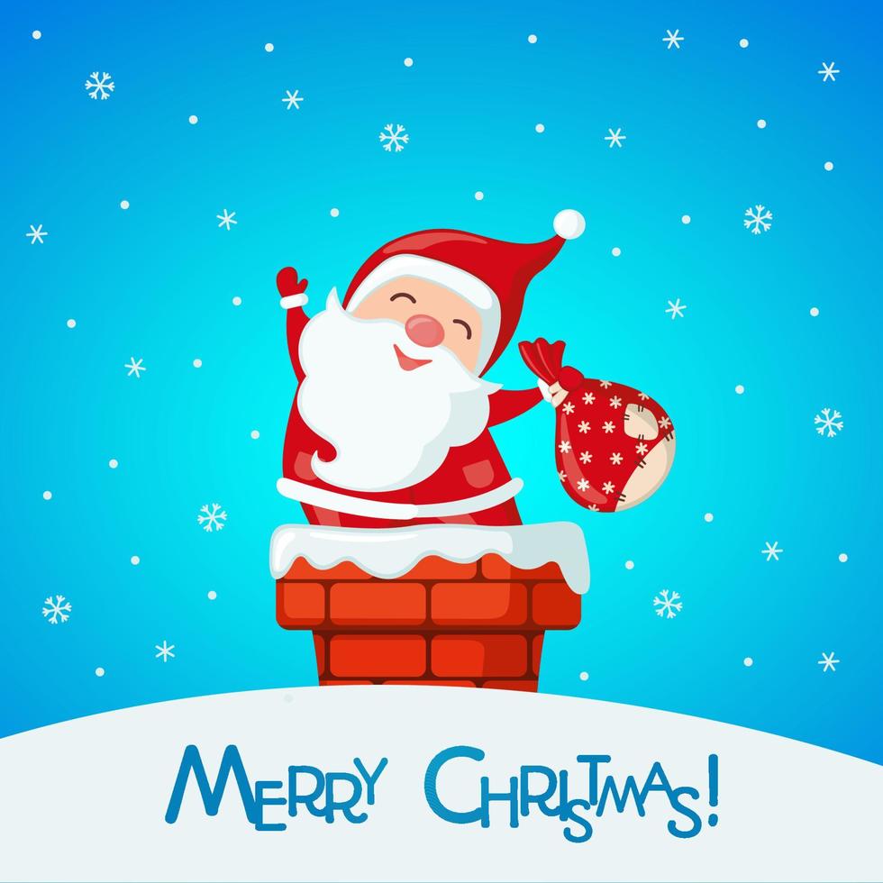 Christmas card with funny Santa Claus in chimney in flat style. Vector illustration.