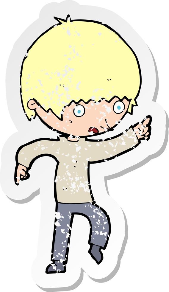 retro distressed sticker of a cartoon worried boy pointing vector