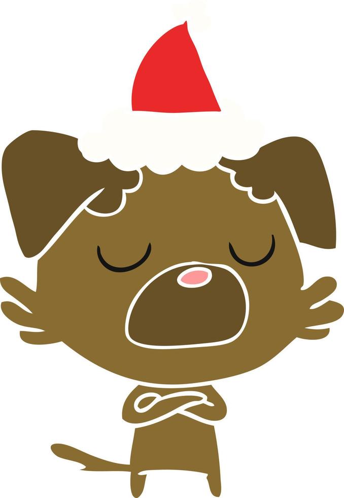 flat color illustration of a dog wearing santa hat vector