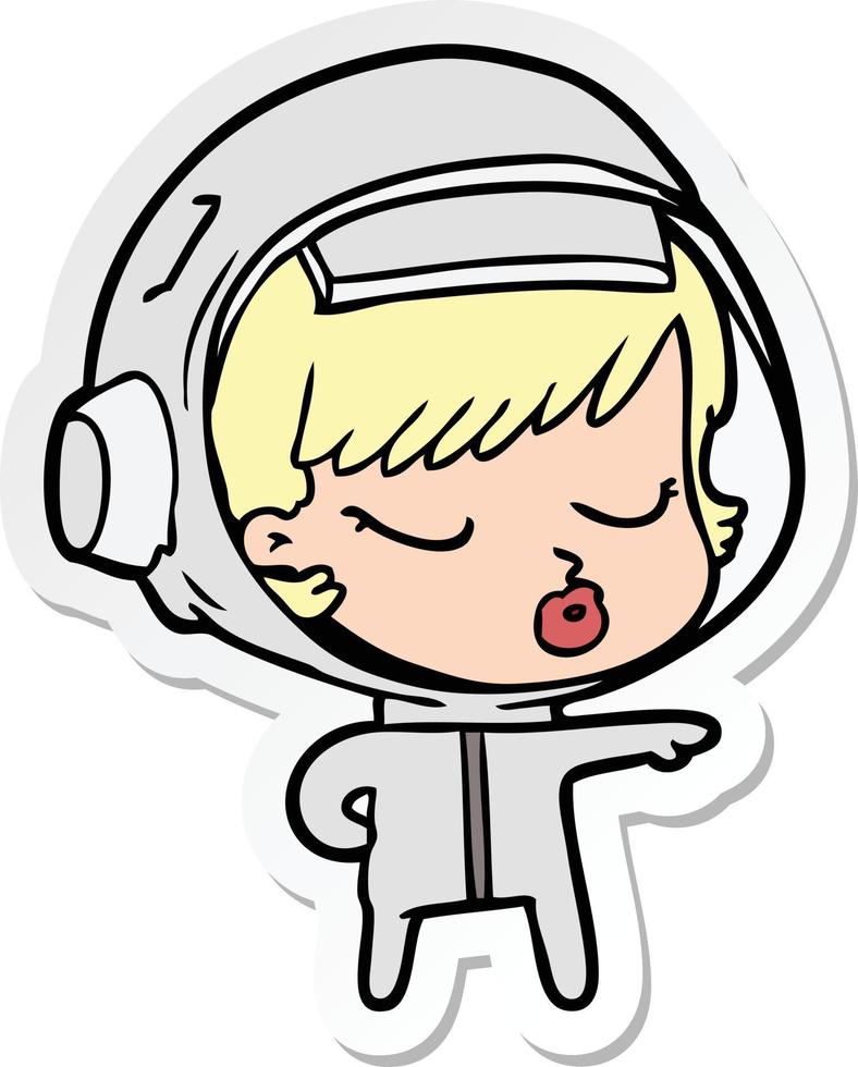 sticker of a cartoon pretty astronaut girl pointing the way vector