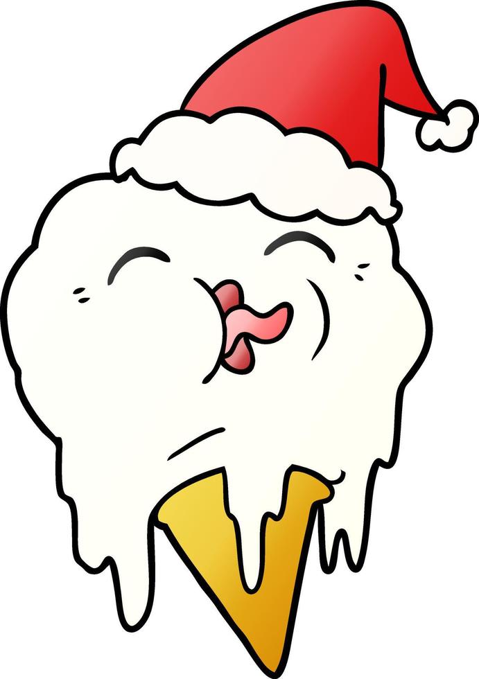 gradient cartoon of a melting ice cream wearing santa hat vector