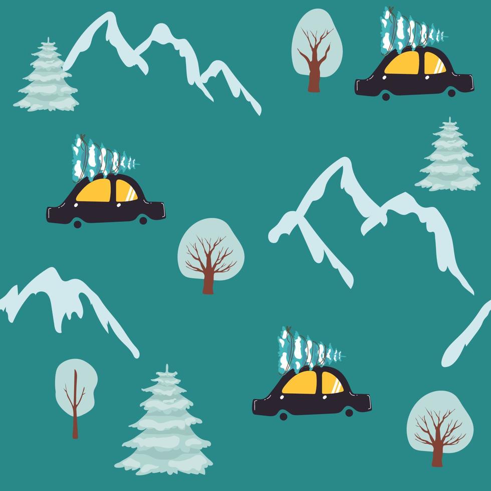 car with Christmas Tree vector seamless pattern. New Year decoration seamless texture. Textiles, wrapping paper, wallpaper design, packaging. Winter. Festive backdrop.