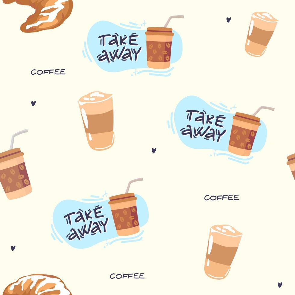 Vector seamless pattern with coffee cup, lettering take away. Beautiful print in pastel tones. Background for textile, clothes, coffee shops, cafe and decor. Cute illustration