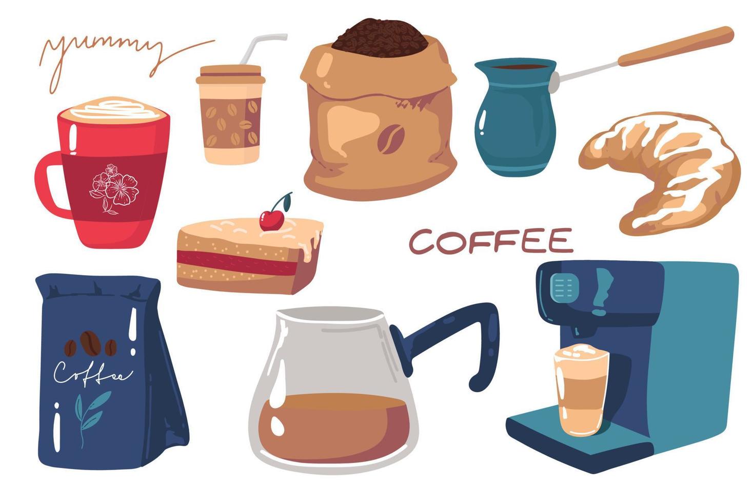 gran conjunto de iconos de estilo plano. elegante juego de café de iconos. café, bebidas de café, cafeteras y otros vector