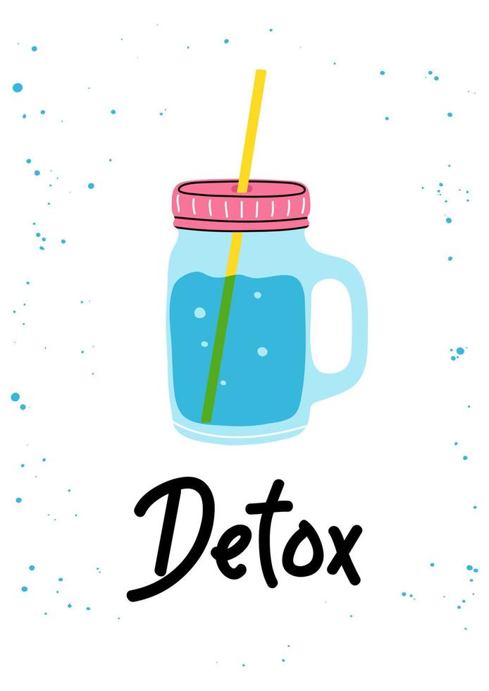 Jar, mug, glass with a straw, clean water clipart in flat line modern style with phrase Detox. Healthy lifestyle, hydrate motivation. Hand drawn vector illustration for poster, wall art, banner