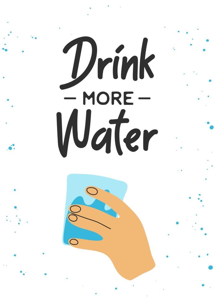 Human hand holding glass of water clipart in flat line modern style with phrase Drink More Water. Healthy lifestyle, hydrate motivation. Hand drawn vector illustration for poster, wall art, banner.