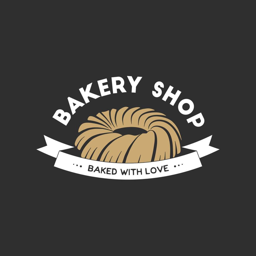 Vintage style bakery shop simple label, badge, emblem, logo template. Graphic food art with engraved cake design vector element with typography. Linear organic pastry on black background.