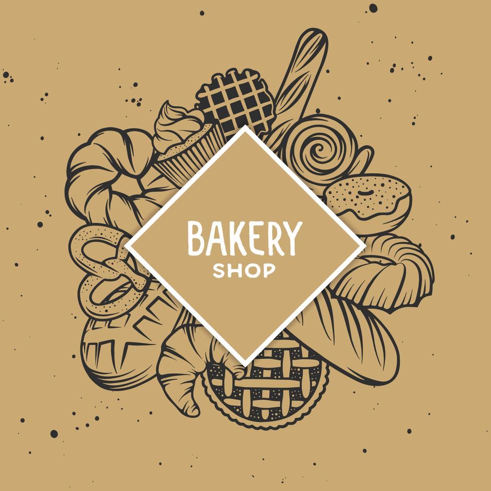 Set of vector bakery engraved elements. Typography design with bread, pastry, pie, buns, sweets, cupcake. Collection of modern linear graphic design template. Bakery shop. Top view composition.