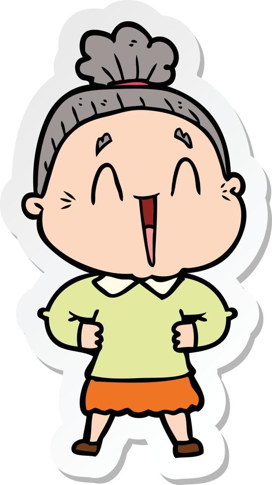 sticker of a cartoon happy old lady vector