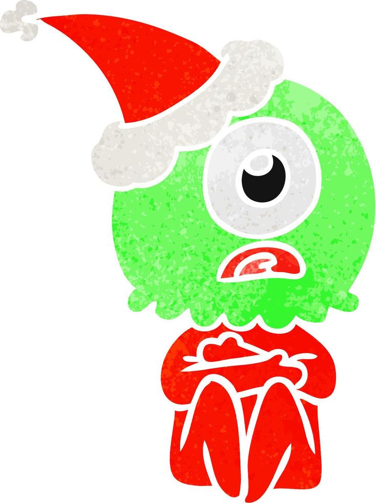 retro cartoon of a cyclops alien spaceman wearing santa hat vector