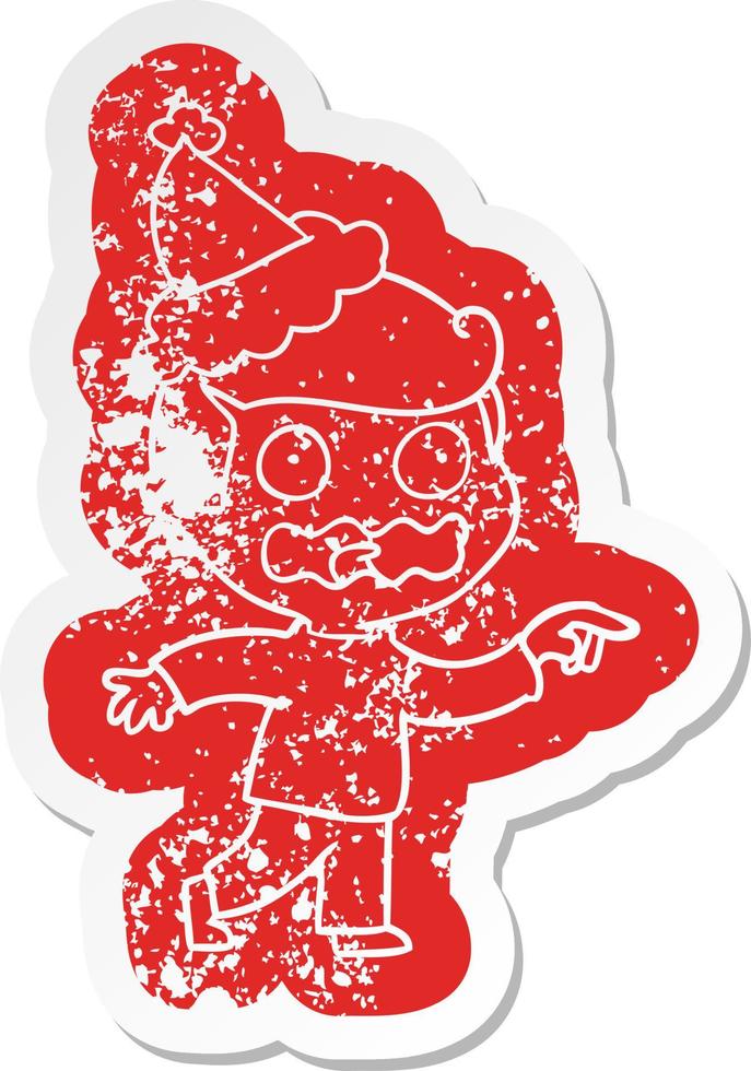 cartoon distressed sticker of a stressed out pointing wearing santa hat vector