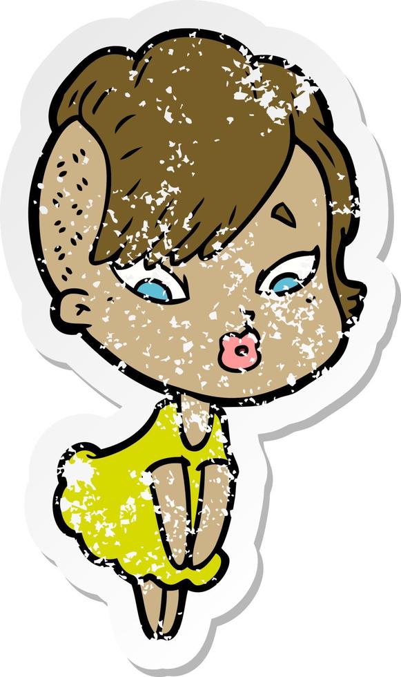 distressed sticker of a cartoon surprised girl vector