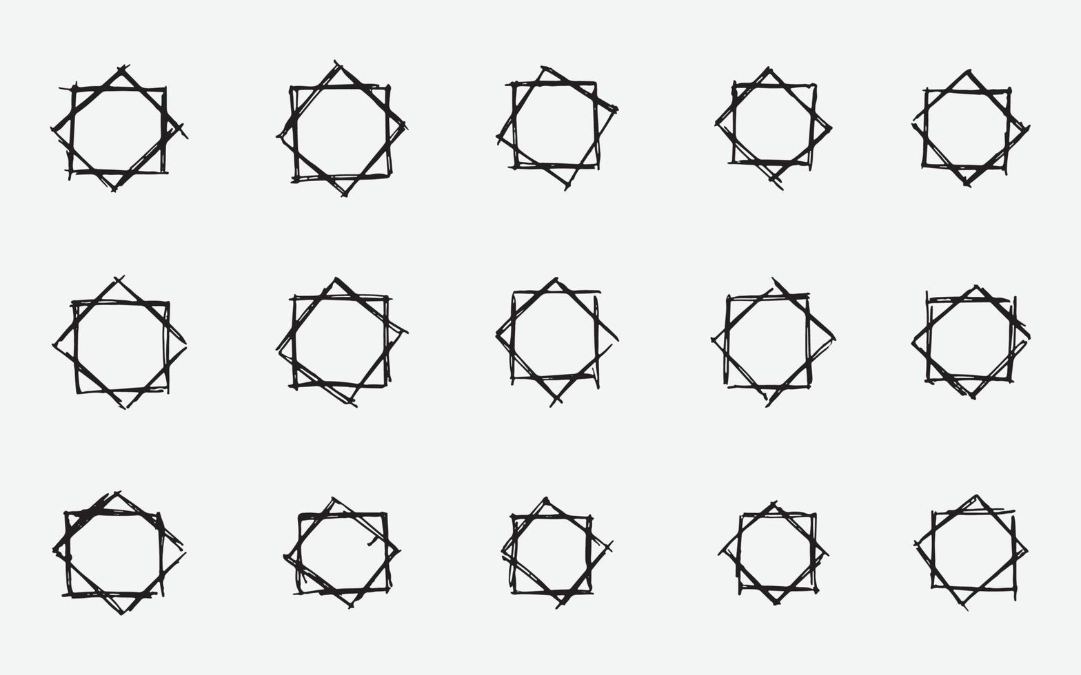 conjunto de ilustración vectorial de garabato dibujado a mano patrón de símbolo de geometría de estrella de ocho puntas usando bolígrafo para dibujar, garabatear arte vector