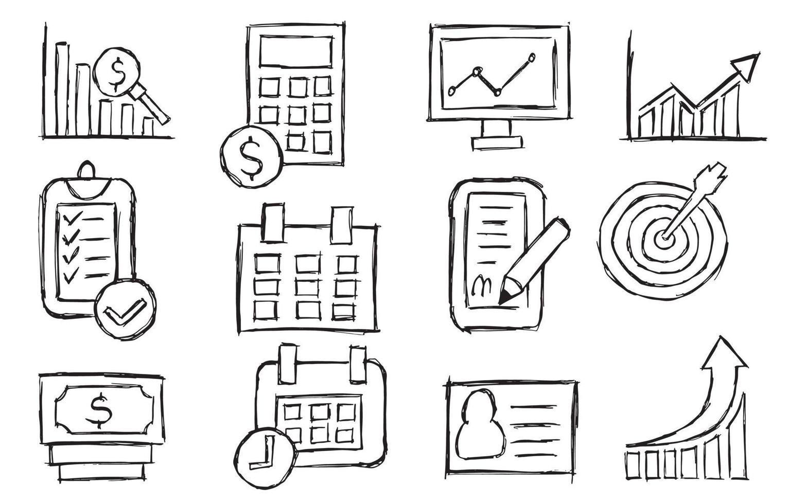 icono de negocio dibujado a mano y boceto y elemento infográfico, oficina a mano alzada y símbolo de finanzas vector