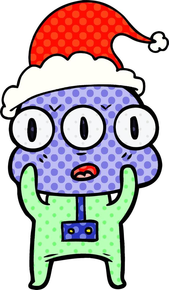 comic book style illustration of a three eyed alien wearing santa hat vector