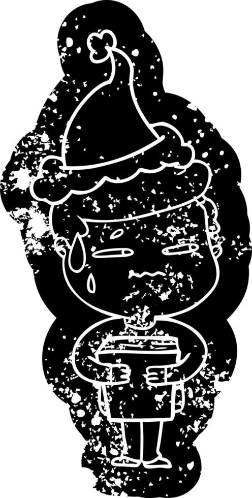 cartoon distressed icon of a anxious boy carrying book wearing santa hat vector