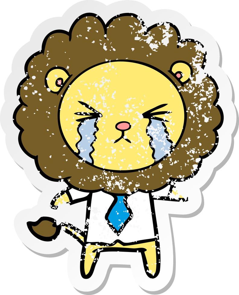 distressed sticker of a cartoon crying lion wearing shirt and tie vector