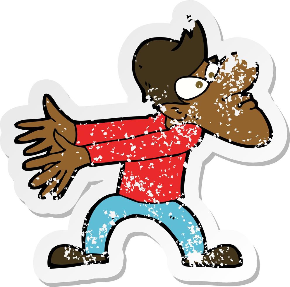 retro distressed sticker of a cartoon annoyed man gesturing vector