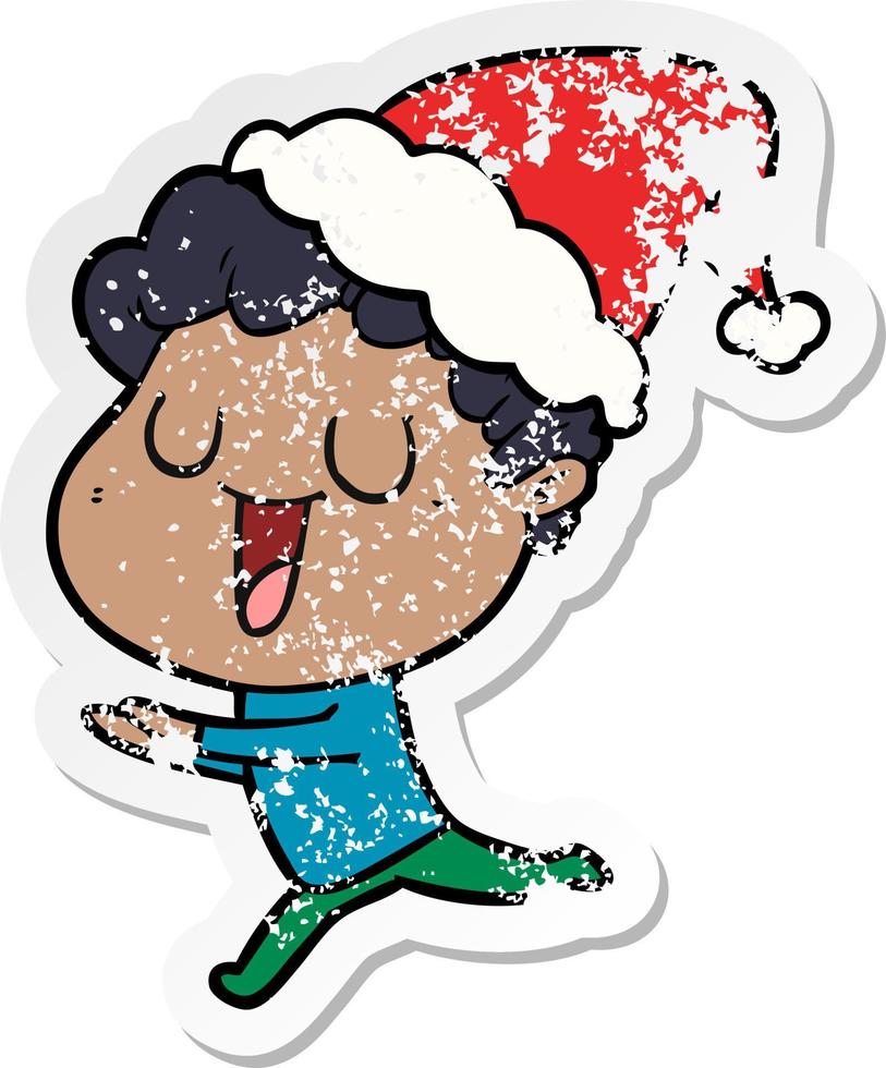 laughing distressed sticker cartoon of a man running wearing santa hat vector