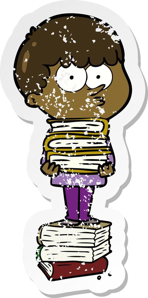 distressed sticker of a cartoon curious boy with lots of books vector