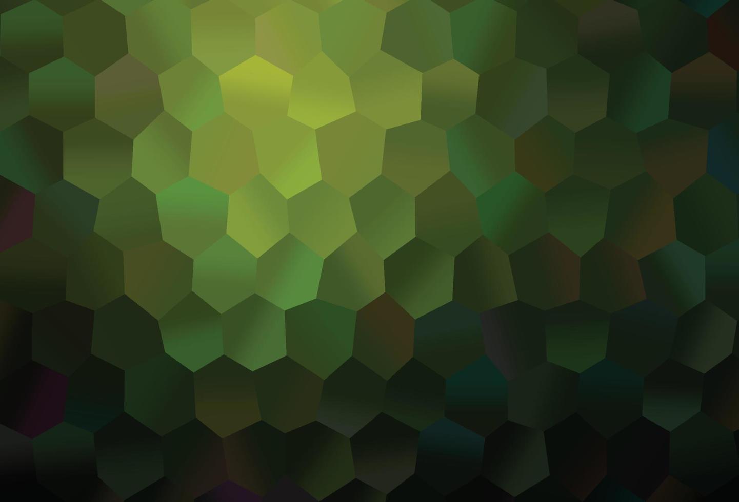 patrón de vector verde oscuro con hexágonos de colores.