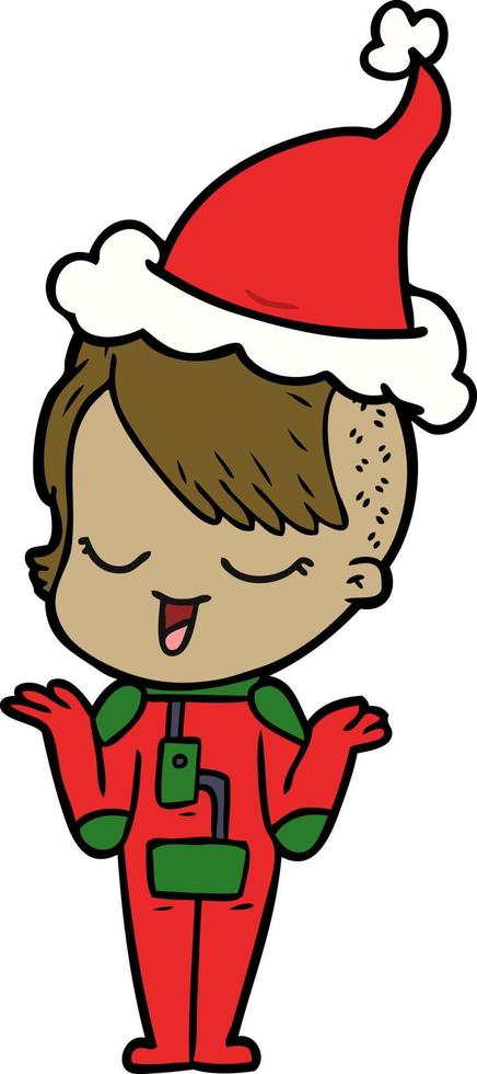 happy line drawing of a girl in space suit wearing santa hat vector