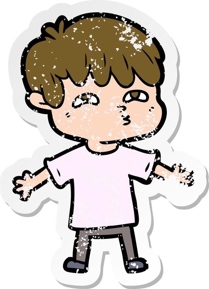 distressed sticker of a cartoon man confused vector