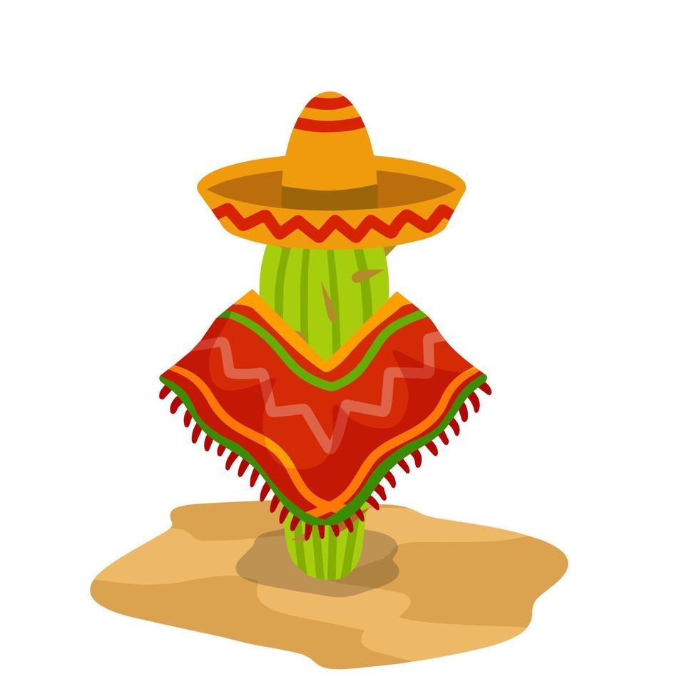 cactus en un sombrero mexicano. una planta del desierto. suculenta verde. elemento del paisaje de verano tropical del sur. ilustración de dibujos animados plana vector