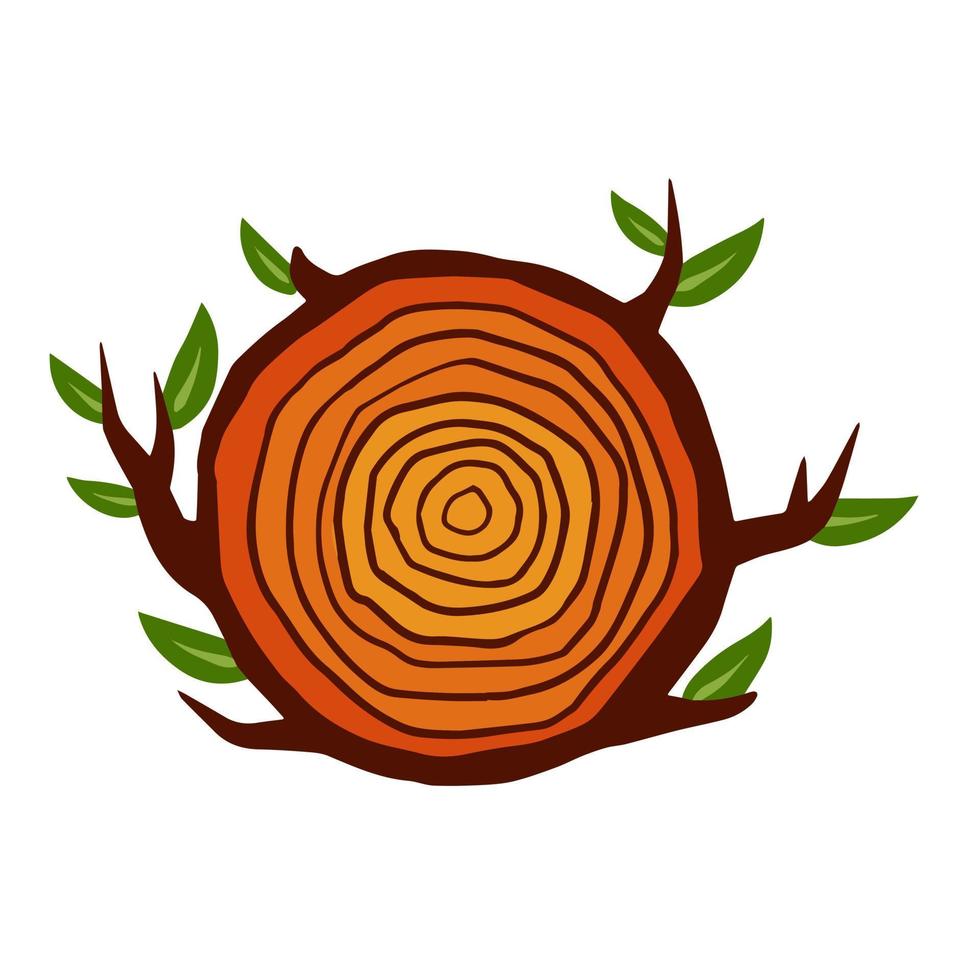 tronco de árbol cortado. sección transversal del tocón. patrón circular concéntrico en madera marrón. maderero e icono de la industria de la carpintería. rama con hojas vector