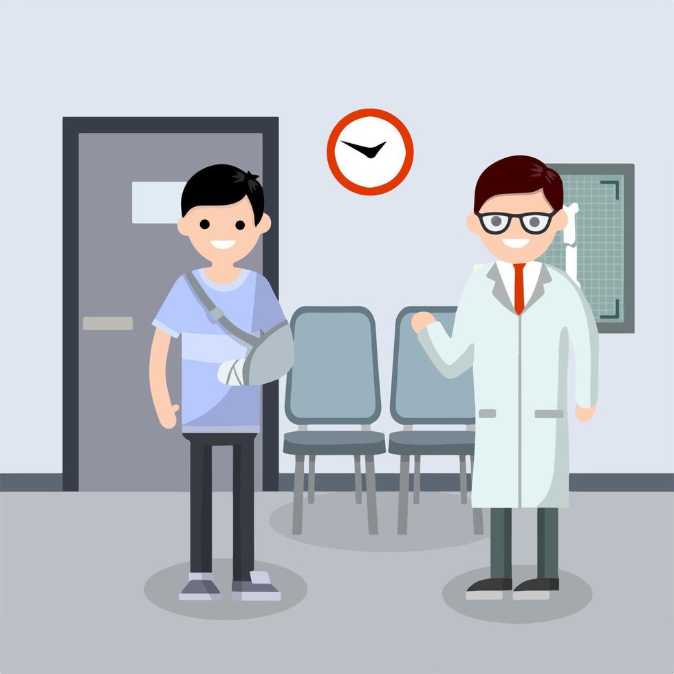 Man with broken arm in cast in hospital room. The provision of medical care by doctor. Hall, seat and door. Guy and x-ray bone of hand. Cartoon flat illustration. vector