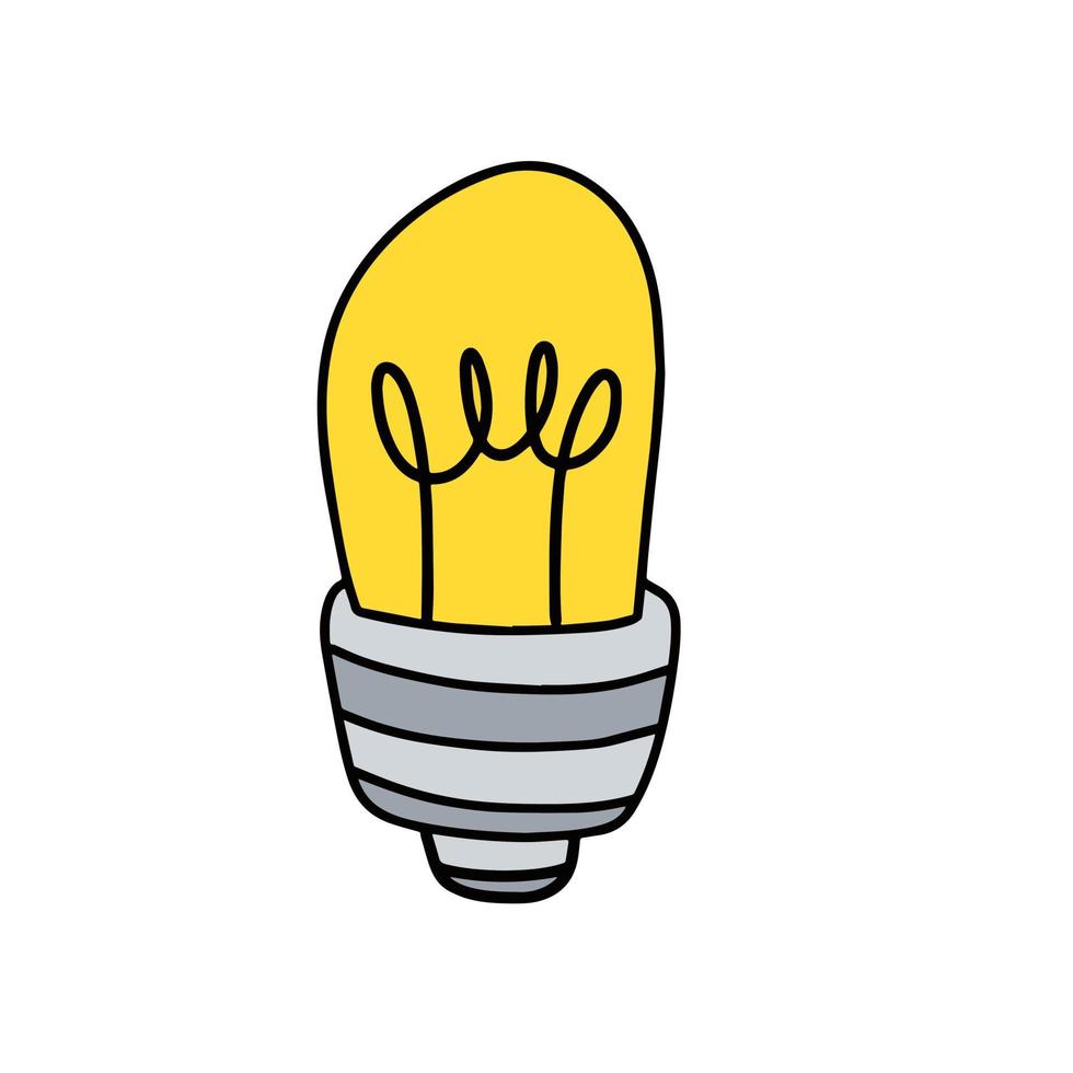 Light Bulb. Yellow electric device. Hand drawn illustration. Cartoon doodle lighting concept and idea vector