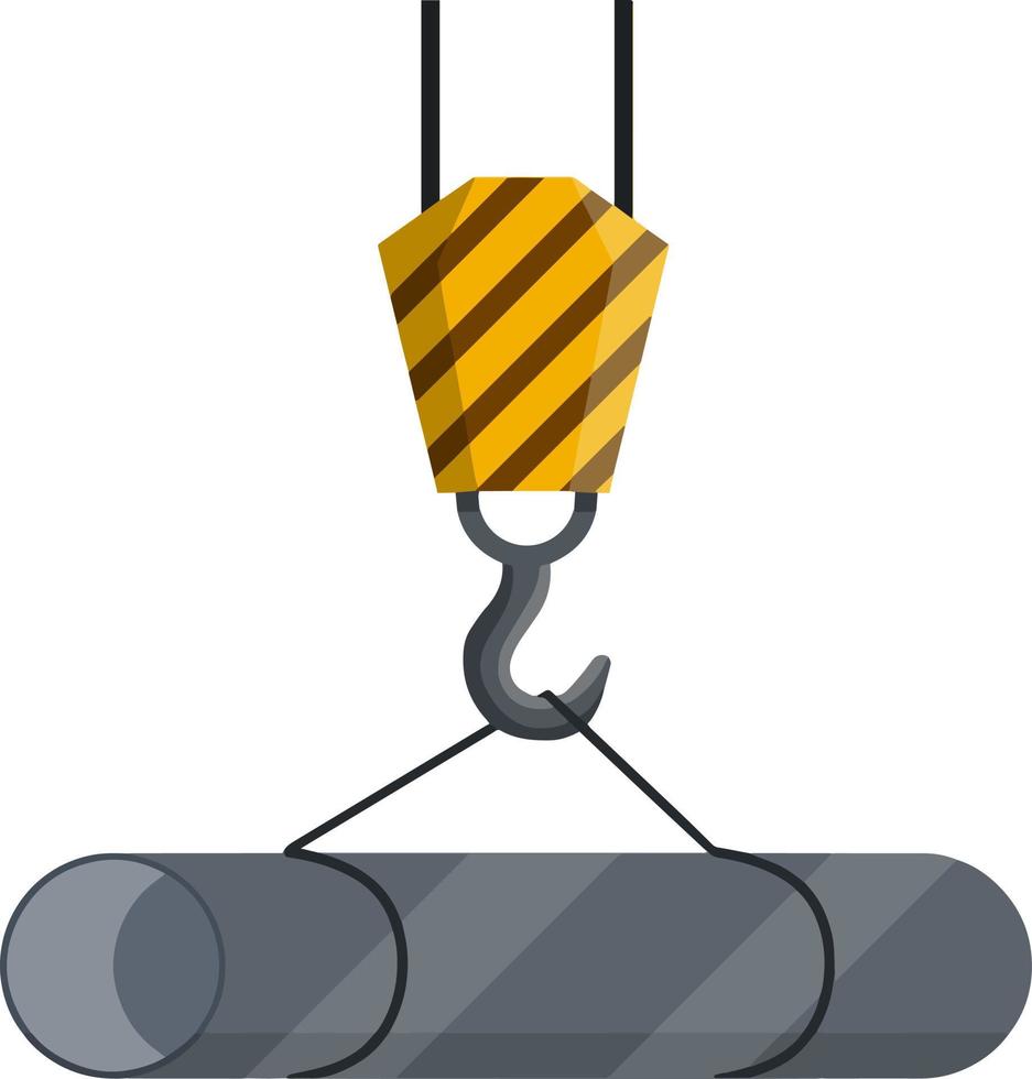 Crane with iron pipes. Industrial Cargo on hook. Lifting objects. Item of plant and port. Technical Transportation and storage. Mechanism with a rope. Cartoon flat illustration vector