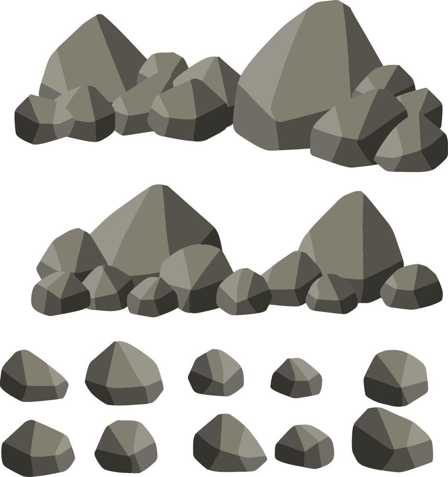 Set of gray granite stones of different shapes. Element of nature, mountains, rocks, caves. Minerals, boulder and cobble. Cartoon flat illustration vector