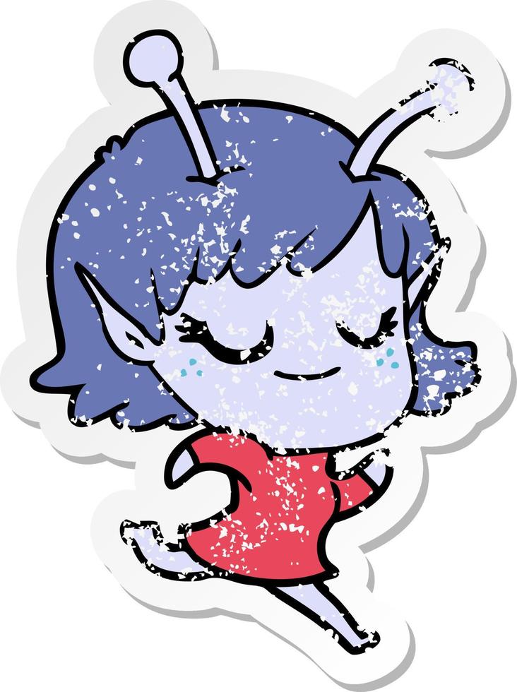 distressed sticker of a smiling alien girl cartoon running vector