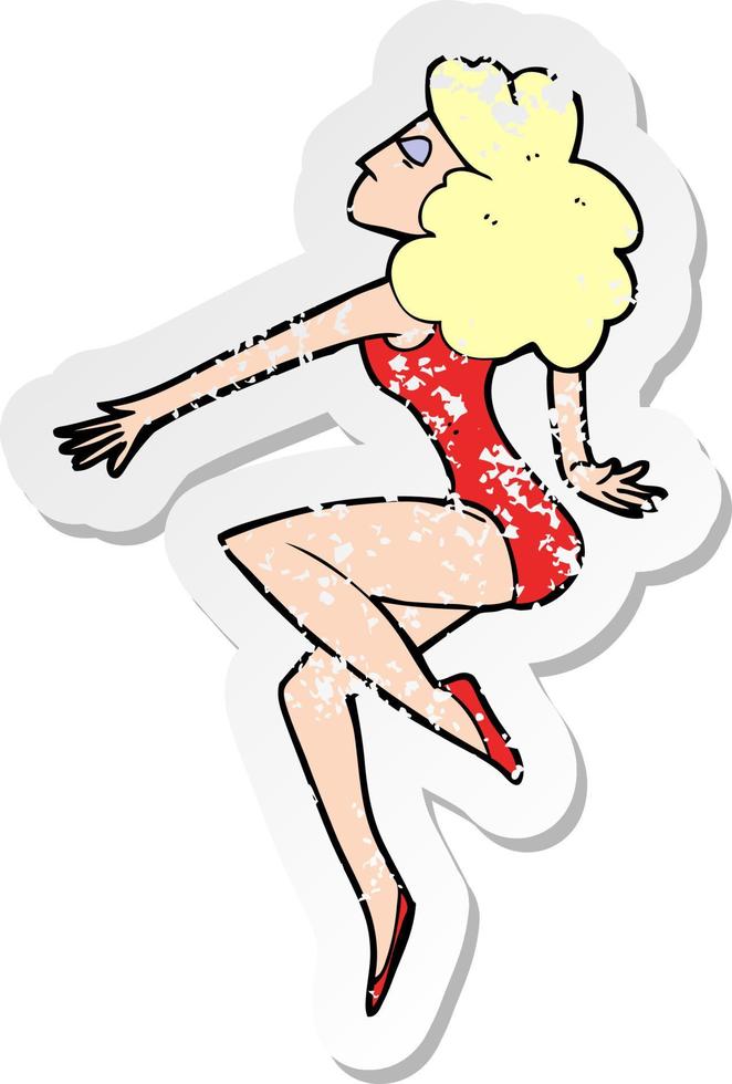 retro distressed sticker of a cartoon dancing woman vector
