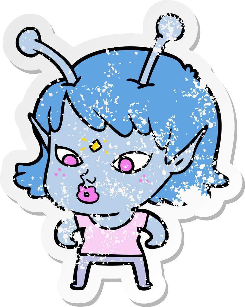 distressed sticker of a pretty cartoon alien girl vector