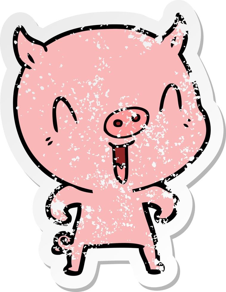 distressed sticker of a happy cartoon pig vector