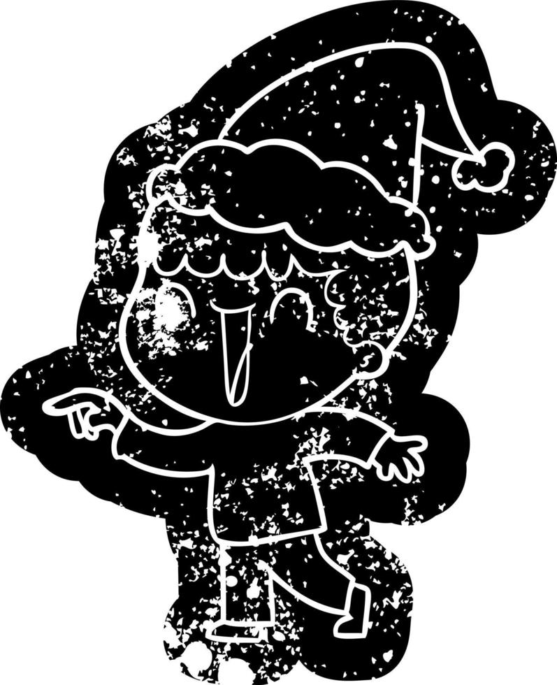laughing cartoon distressed icon of a man pointing wearing santa hat vector